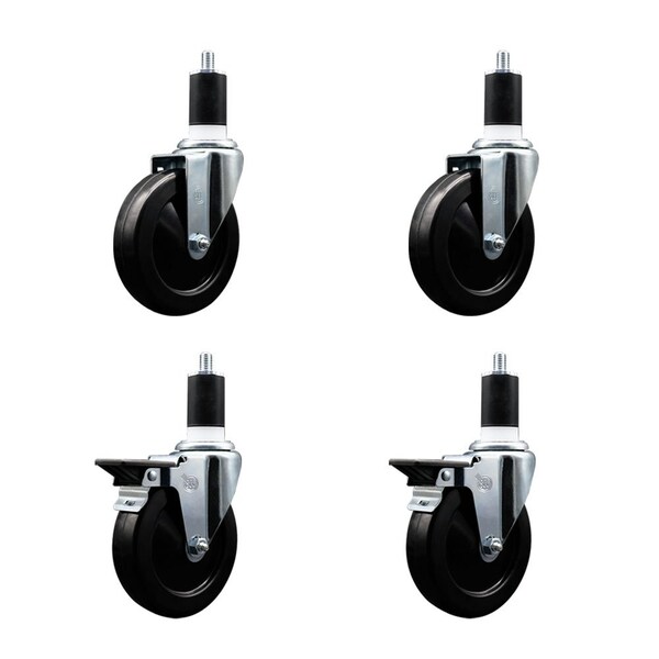 5'' Hard Rubber Wheel Swivel 1-1/2'' Expand Stem Caster Set 2 Brakes, 4PK